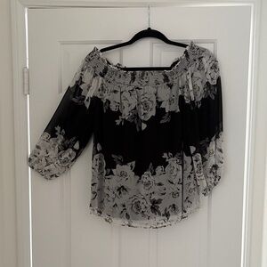 White House Black Market Black and Gray Floral Blouse